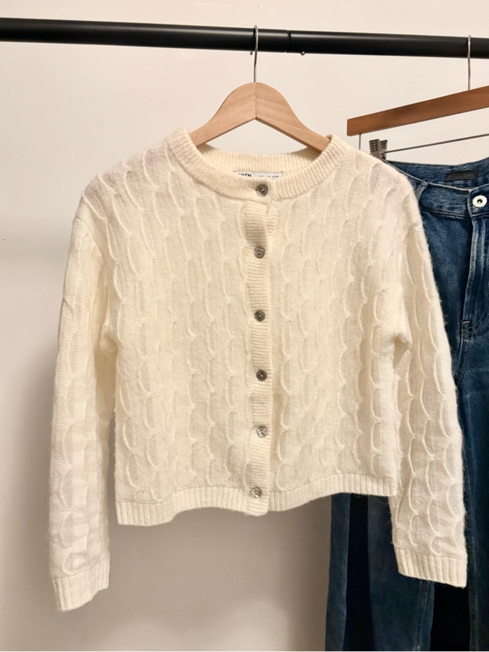 Zara Ivory Cable Knit Button-Front Cardigan